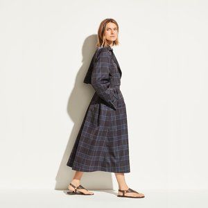 Vince Plaid Trench Maxi Coat Marine Belted M